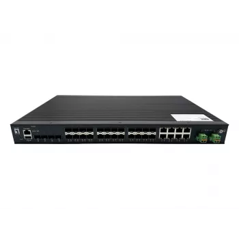 LevelOne IGU-2872 28 portu L2+ pārvaldīts rūpnieciskais Gigabit šķiedru slēdzis, 4x 1.25/2.5GbE SFP, 16x 1.25GbE SFP, 8x Gigabit SFP/RJ45 Combo, redundantais barošanas avots, -40°C līdz 80°C