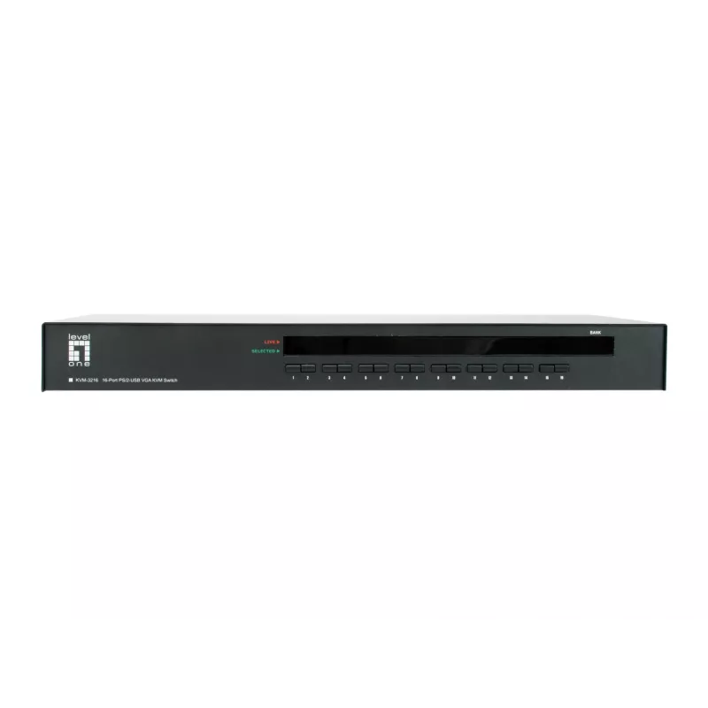 LevelOne KVM-3216 16-Port PS/2-USB VGA KVM Slēdzis, 2048 x 1536 pikseļi, Rack montāža, 1U, Melns