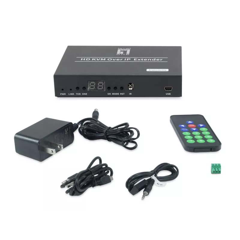 AV raidītājs LEVELONE HVE-6701T — HDMI 1.3b, līdz 1920×1080, Cat5e/Cat6/Cat7, Mini‑USB, 12V DC