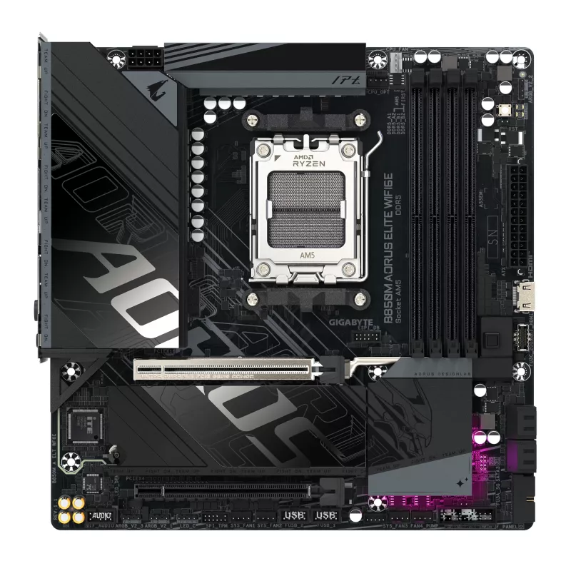 GIGABYTE B850M AORUS ELITE WIFI6E mātesplate - AMD Ryzen 9000 sērijas CPU, 12+2+2 fāžu digitālais VRM, līdz 8200MHz DDR5 (OC), 1xPCIe 5.0 + 1xPCIe 4.0 M.2, WiFi 6E, 2.5GbE LAN, USB 3.2 Gen 2