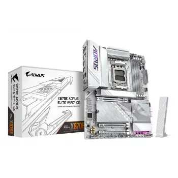 GIGABYTE X870E AORUS ELITE WIFI7 ICE mātesplate - atbalsta AMD Ryzen 9000 CPU, 16+2+2 fāžu digitālais VRM, līdz 8200MHz DDR5 (OC), 3xPCIe 5.0 + 1xPCIe 4.0, Wi-Fi 7, 2.5GbE LAN, USB 4