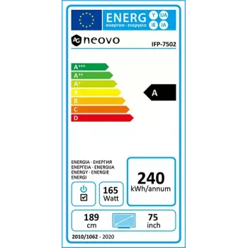 AG Neovo IFP-7502 interaktīvais displejs 189,2 cm (74,5 collas) LCD Wi-Fi 350 cd/m² 4K Ultra HD melns skārienekrāns ar iebūvētu procesoru Android 8.0