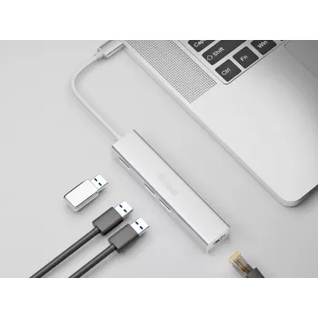 Equip USB-C uz 3 portu USB 3.0 Hubs ar Gigabit adapteri, alumīnijs, sudrabs