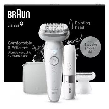 Epilators BRAUN Silk-épil 9 SES9-341 — 40 pincetes, Wet & Dry, 50 min akumulators, 2 ātrumi, Balts