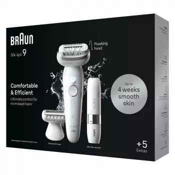 Epilators BRAUN Silk-épil 9 SES9-341 — 40 pincetes, Wet & Dry, 50 min akumulators, 2 ātrumi, Balts