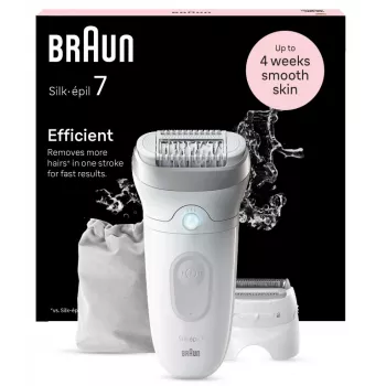 Epilators BRAUN Silk-épil 7 7-041 — bezvadu slapjā/sausā epilators ar MicroGrip, masāžu, skuvekli un bikini trimmeri, pelēks/balts
