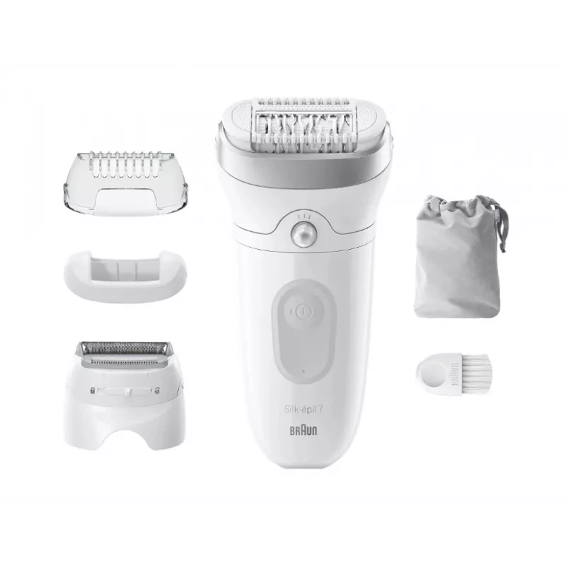 Epilators BRAUN Silk-épil 7 7-041 — bezvadu slapjā/sausā epilators ar MicroGrip, masāžu, skuvekli un bikini trimmeri, pelēks/balts