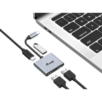 Equip USB-C 4-in-1 Dual HDMI adapteris, USB 3.2 Gen 1 (3.1 Gen 1) Type-C, Sudraba, 4K Ultra HD, 30 Hz, HDMI, Alumīnijs