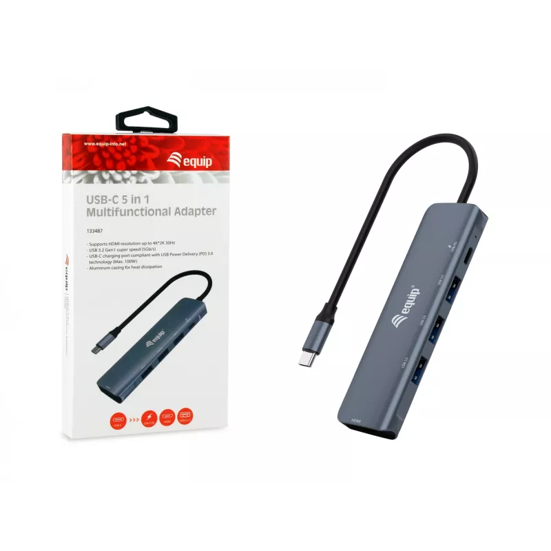 Equip USB-C 5-in-1 daudzfunkciju adapteris, HDMI, USB 3.2 GEN1, 100W USB PD