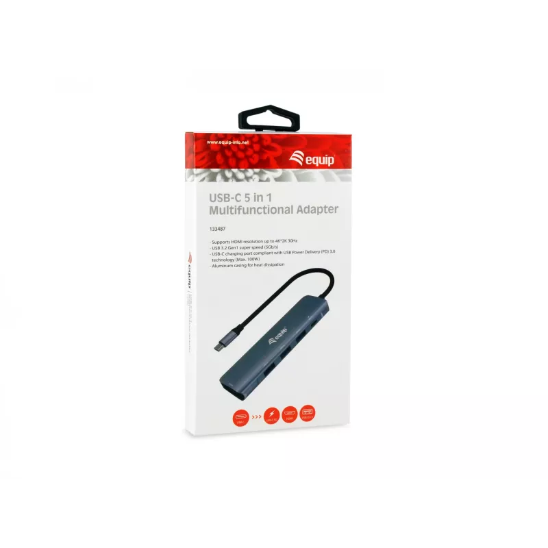 Equip USB-C 5-in-1 daudzfunkciju adapteris, HDMI, USB 3.2 GEN1, 100W USB PD