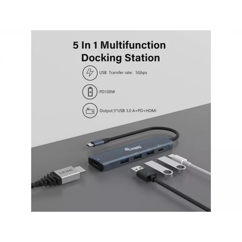 Equip USB-C 5-in-1 daudzfunkciju adapteris, HDMI, USB 3.2 GEN1, 100W USB PD