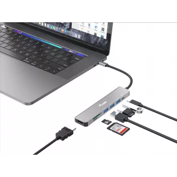 Equip USB-C 7-in-1 daudzfunkcionālais adapteris, HDMI 4K/60Hz, USB 3.2 Gen1 x3, TF/Micro SD, 100W USB PD