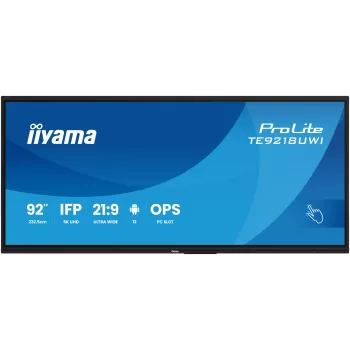 iiyama TE9218UWI-B1AG Signālaprādes displejs Kioska dizains 2.32 m (91.5 collu) LED Wi-Fi 500 cd/m² 5K Ultra HD Melns Skārienjutīgs Iebūvēts procesors Android 16/7