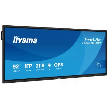 iiyama TE9218UWI-B1AG Signālaprādes displejs Kioska dizains 2.32 m (91.5 collu) LED Wi-Fi 500 cd/m² 5K Ultra HD Melns Skārienjutīgs Iebūvēts procesors Android 16/7