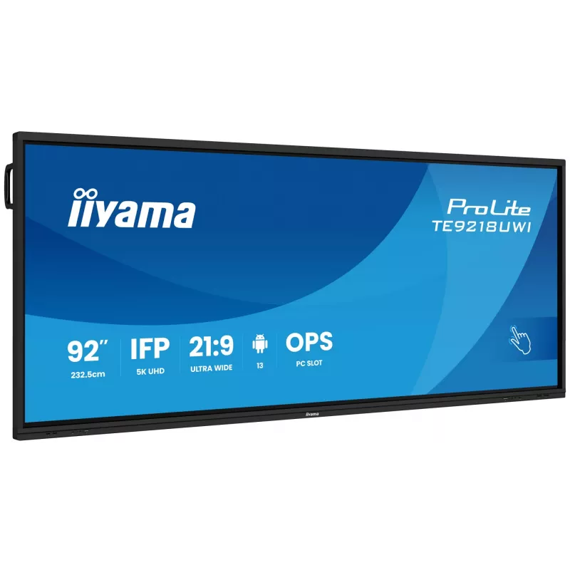 iiyama TE9218UWI-B1AG Signālaprādes displejs Kioska dizains 2.32 m (91.5 collu) LED Wi-Fi 500 cd/m² 5K Ultra HD Melns Skārienjutīgs Iebūvēts procesors Android 16/7