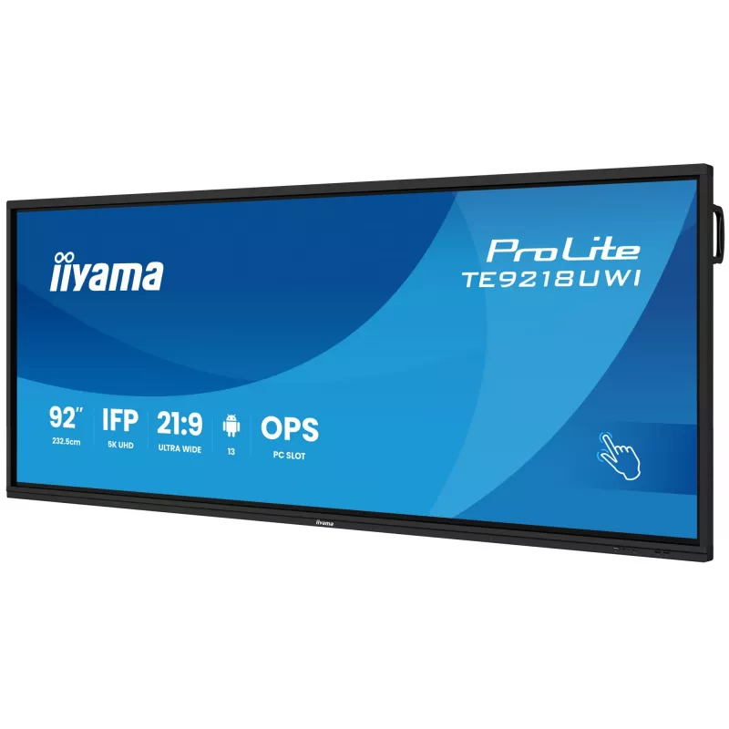 iiyama TE9218UWI-B1AG Signālaprādes displejs Kioska dizains 2.32 m (91.5 collu) LED Wi-Fi 500 cd/m² 5K Ultra HD Melns Skārienjutīgs Iebūvēts procesors Android 16/7