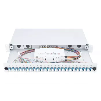 DIGITUS Fiber Optic Sliding Splice Box, 1U, aprīkots ar 24x LC duplekss, iekļauts M25 skrūve, splicēšanas kasete, krāsaini pigtaili OM4, adapteri