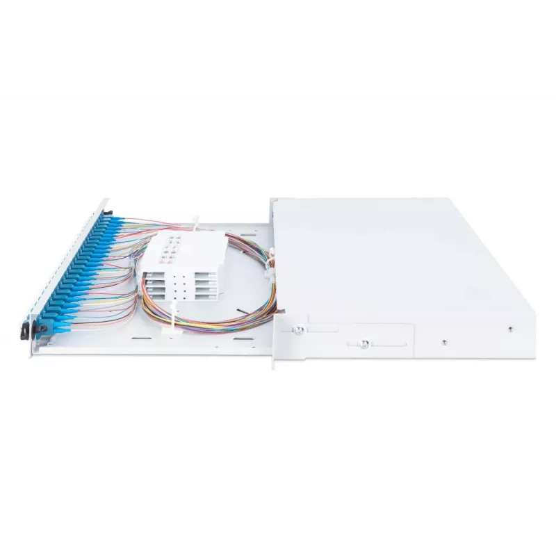DIGITUS Fiber Optic Sliding Splice Box, 1U, aprīkots ar 24x LC duplekss, iekļauts M25 skrūve, splicēšanas kasete, krāsaini pigtaili OM4, adapteri