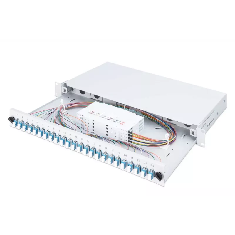 DIGITUS Fiber Optic Sliding Splice Box, 1U, aprīkots ar 24x LC duplekss, iekļauts M25 skrūve, splicēšanas kasete, krāsaini pigtaili OM4, adapteri