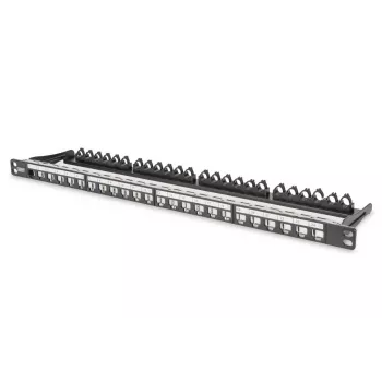 DIGITUS Modular Patch Panel, ekranēts 24-portu, marķējuma lauks, 0.5U, statīva montāža, melns RAL 9005