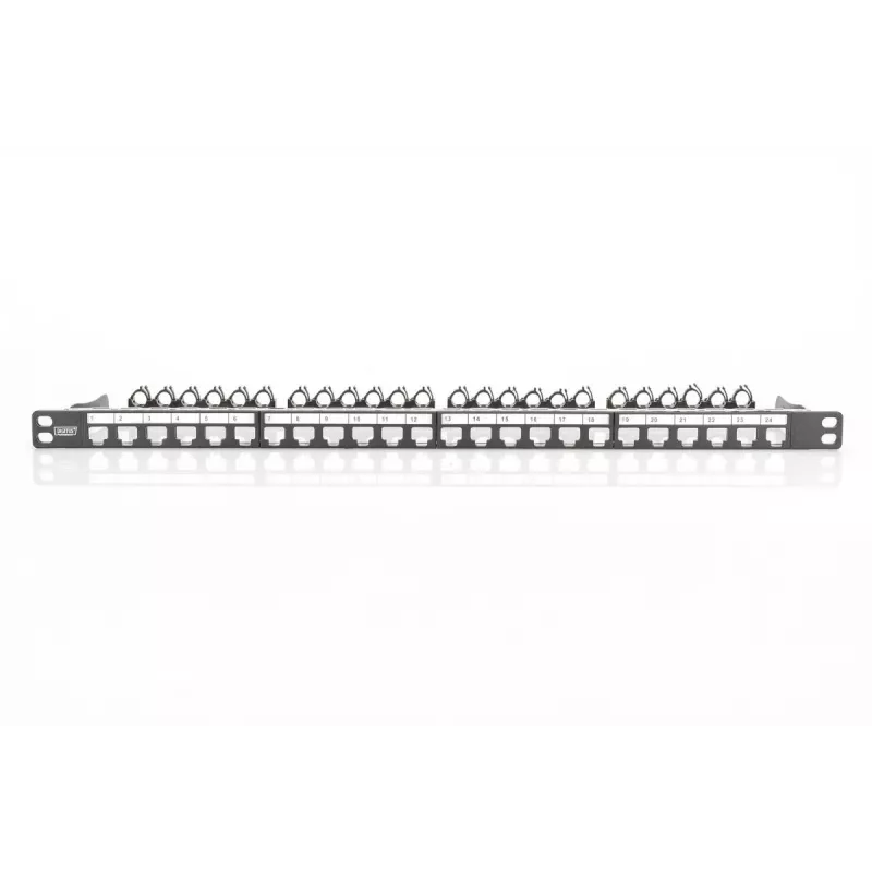 DIGITUS Modular Patch Panel, ekranēts 24-portu, marķējuma lauks, 0.5U, statīva montāža, melns RAL 9005