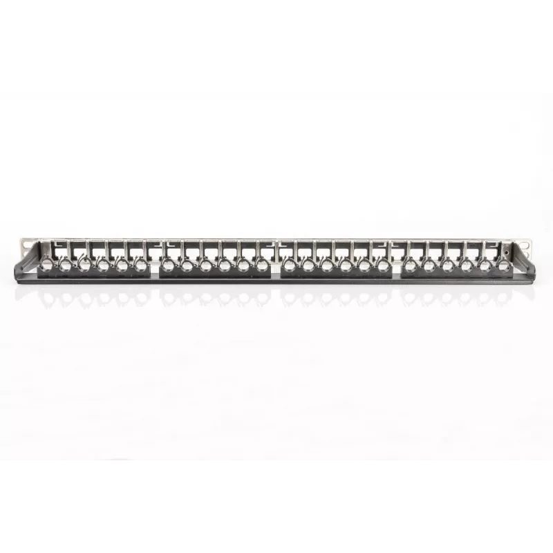 DIGITUS Modular Patch Panel, ekranēts 24-portu, marķējuma lauks, 0.5U, statīva montāža, melns RAL 9005
