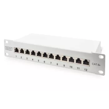 DIGITUS CAT6A Savienotājpanelis, ekranēts, 12 portu, marķēšanas lauks, 1U, 10 inch statīva montāža, pelēks RAL 7035