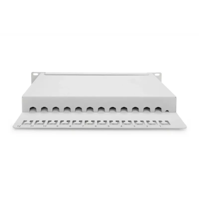 DIGITUS CAT6A Savienotājpanelis, ekranēts, 12 portu, marķēšanas lauks, 1U, 10 inch statīva montāža, pelēks RAL 7035