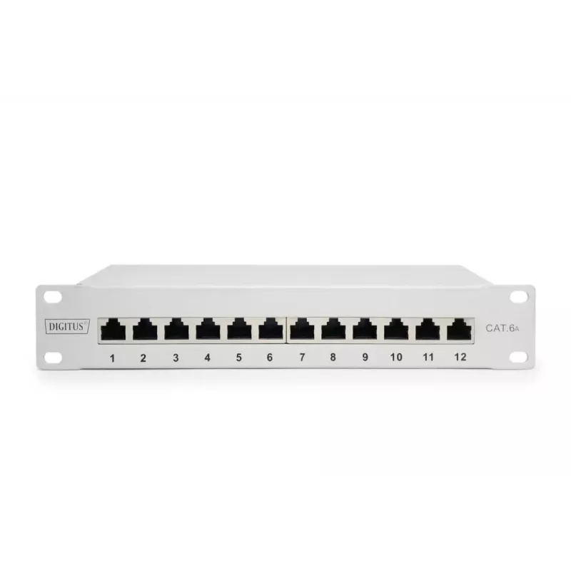 DIGITUS CAT6A Savienotājpanelis, ekranēts, 12 portu, marķēšanas lauks, 1U, 10 inch statīva montāža, pelēks RAL 7035