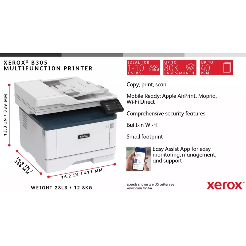 Xerox B305 A4 38ppm Bezvadu Duplekss Kopēšana/Drukāšana/Skenēšana PS3 PCL5e/6 2 Paplātes 350 Lapas