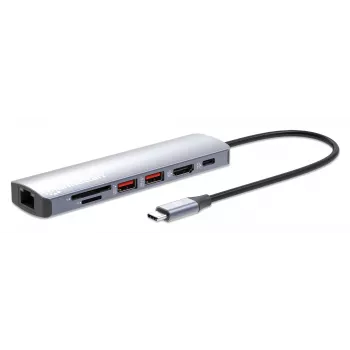 Manhattan USB-C dokstacijas centrs ar karšu lasītāju, 5 porti: Ethernet, HDMI, USB-A (x2) un USB-C, ar Power Delivery 100W - nepieciešams ārējs USB-C lādētājs (nav iekļauts)