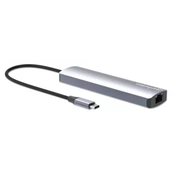 Manhattan USB-C dokstacijas centrs ar karšu lasītāju, 5 porti: Ethernet, HDMI, USB-A (x2) un USB-C, ar Power Delivery 100W - nepieciešams ārējs USB-C lādētājs (nav iekļauts)
