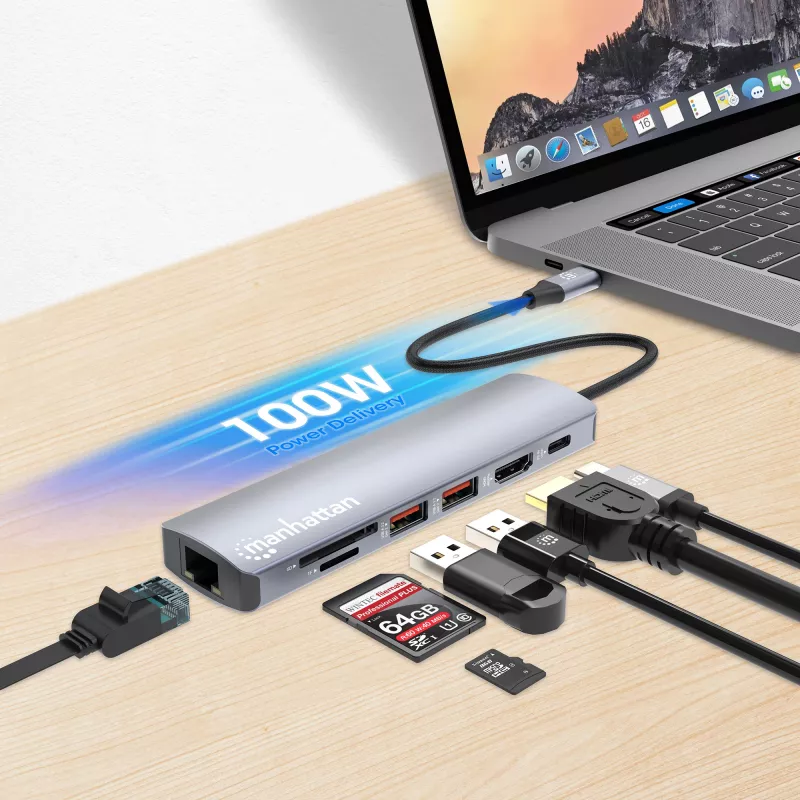 Manhattan USB-C dokstacijas centrs ar karšu lasītāju, 5 porti: Ethernet, HDMI, USB-A (x2) un USB-C, ar Power Delivery 100W - nepieciešams ārējs USB-C lādētājs (nav iekļauts)