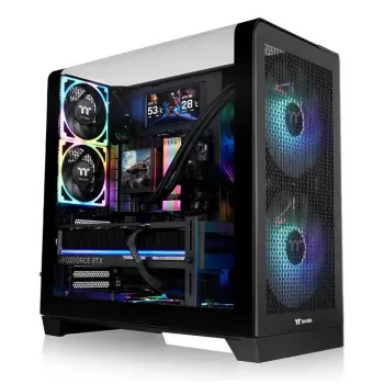 PC korpuss Thermaltake View 390 Air Midi Tower — Melns, atbalsta PS2 barošanas bloku, 3.5 collu HDD, 2.5 collu SSD, līdz 200 mm priekšējie ventilatori
