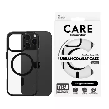 PanzerGlass CARE™ by ® Urban Combat Maciņš Caurspīdīgs ar Melnu Rāmi un MagSafe iPhone 16 Pro