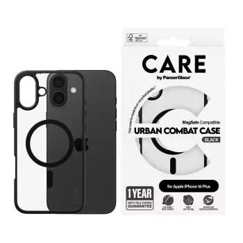 PanzerGlass CARE™ by ® Urban Combat Maciņš Caurspīdīgs ar Melnu Rāmi un MagSafe iPhone 16 Plus