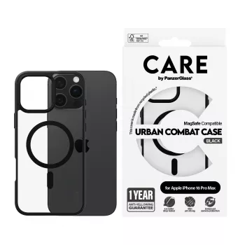 PanzerGlass CARE™ by ® Urban Combat Case Caurspīdīgs ar Melnu Rāmi un MagSafe iPhone 16 Pro Max