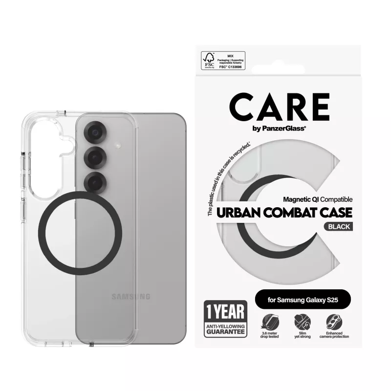 PanzerGlass CARE™ Urban Combat Case Caurspīdīgs ar Melnu Qi Savietojams Samsung Galaxy S25