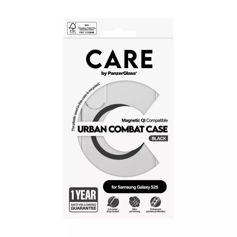 PanzerGlass CARE™ Urban Combat Case Caurspīdīgs ar Melnu Qi Savietojams Samsung Galaxy S25