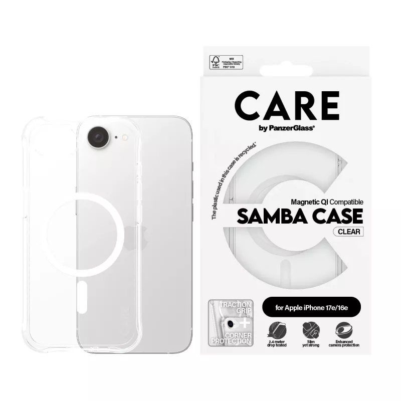 PanzerGlass CARE™ Samba caurspīdīgs maciņš iPhone 17e | 16e, balts, Qi saderīgs