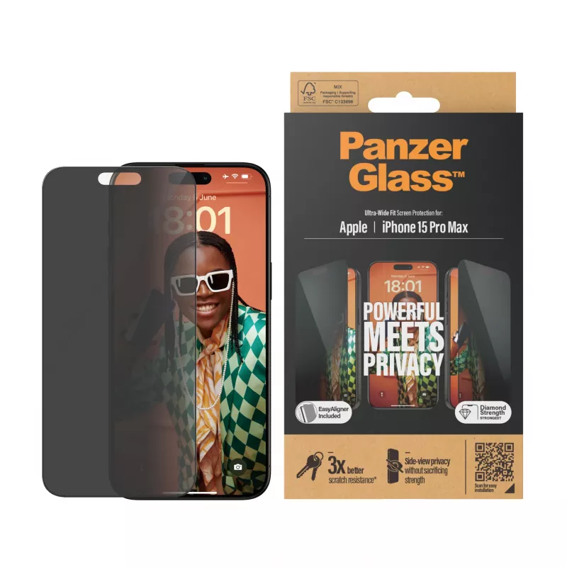 PanzerGlass® Privātuma aizsargstikls iPhone 15 Pro Max | Ultra-Wide Fit ar EasyAligner