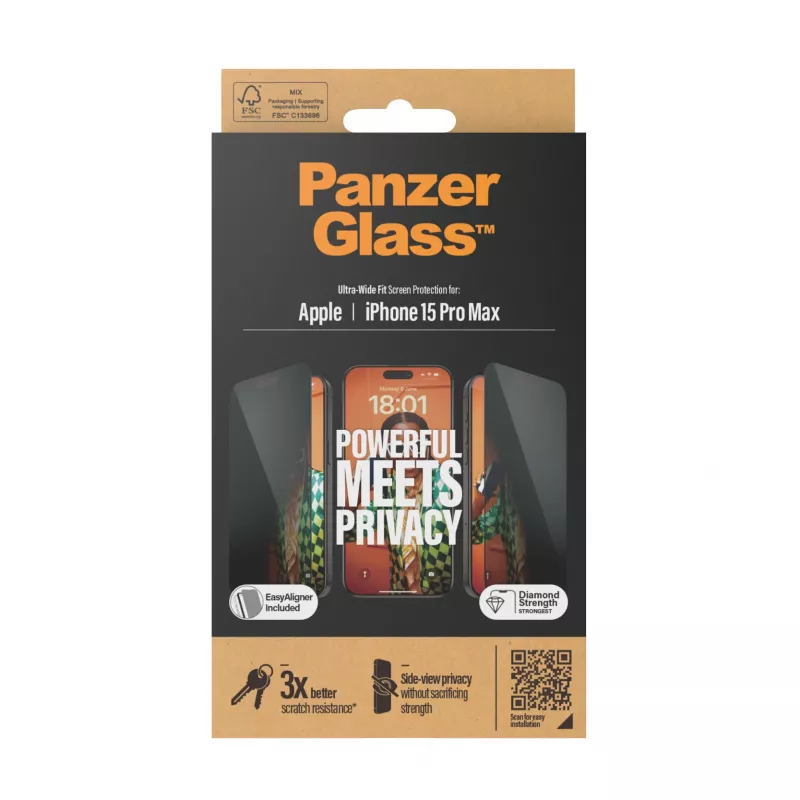 PanzerGlass® Privātuma aizsargstikls iPhone 15 Pro Max | Ultra-Wide Fit ar EasyAligner