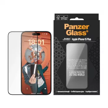 PanzerGlass Ceramic Protection aizsargstikls iPhone 15 Plus | Ultra-Wide Fit ar EasyAligner
