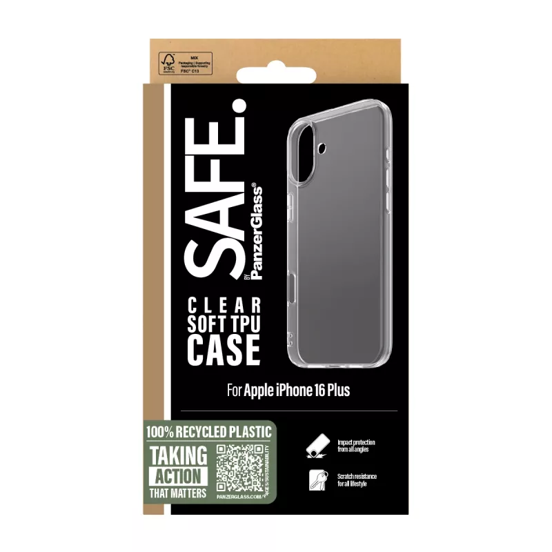 PanzerGlass SAFE. by ® TPU Maciņš Caurspīdīgs iPhone 16 Plus, Vāciņš, Apple, Apple - iPhone 16 Plus, Caurspīdīgs