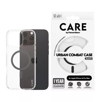 PanzerGlass CARE™ by ® Urban Combat Case Caurspīdīgs ar Melnu MagSafe iPhone 16 Pro Max
