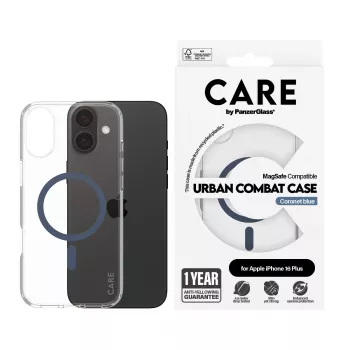 PanzerGlass CARE™ by ® Urban Combat Case Caurspīdīgs ar Zilu MagSafe iPhone 16 Plus