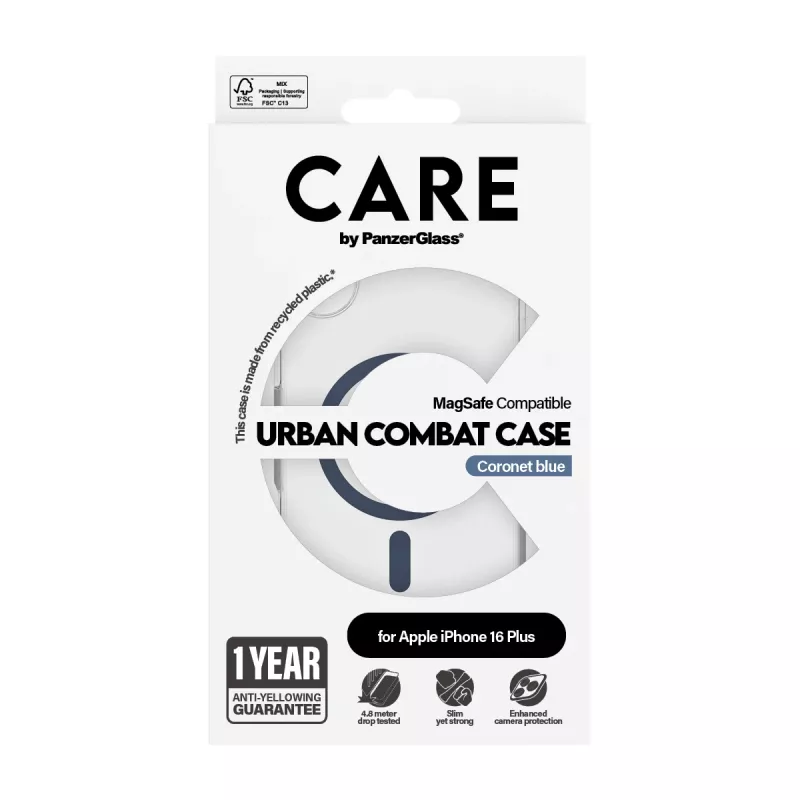 PanzerGlass CARE™ by ® Urban Combat Case Caurspīdīgs ar Zilu MagSafe iPhone 16 Plus