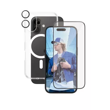 PanzerGlass ® | CARE by ® Flagship 3-in-1 komplekts iPhone 16, Apple - iPhone 16, Sausā uzklāšana, Izturīgs pret skrāpējumiem, Triecienizturīgs, Caurspīdīgs, 1 gab.