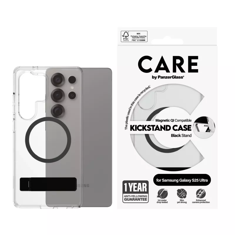 PanzerGlass CARE™ by ® Maciņš Caurspīdīgs ar Melnu Statīvu un Qi Savietojamību Samsung Galaxy S25 Ultra