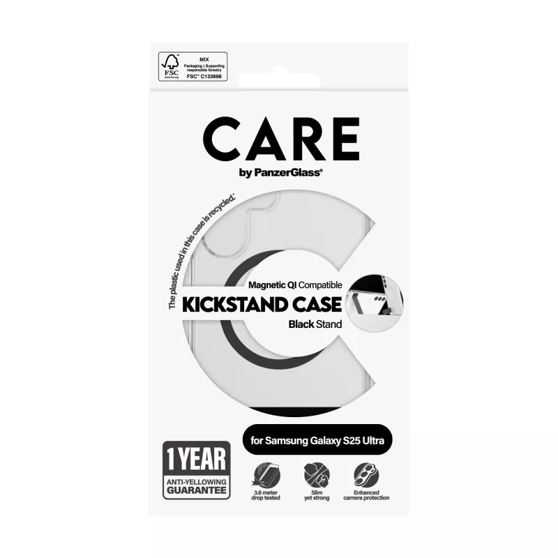 PanzerGlass CARE™ by ® Maciņš Caurspīdīgs ar Melnu Statīvu un Qi Savietojamību Samsung Galaxy S25 Ultra